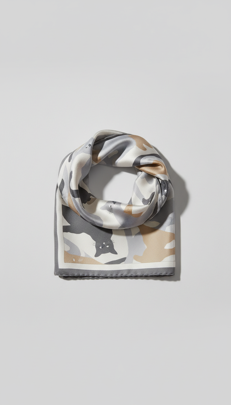 Foulard motif félin en soie gris clair